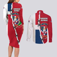 Dominican Republic Flag Half Zip Design Couples Matching Long Sleeve Bodycon Dress and Long Sleeve Button Shirt with Coat of Arms and Taino Symbol - Wonder Print Shop