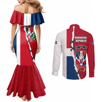 Dominican Republic Flag Half Zip Design Couples Matching Mermaid Dress and Long Sleeve Button Shirt with Coat of Arms and Taino Symbol - Wonder Print Shop