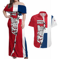 Dominican Republic Flag Half Zip Design Couples Matching Off Shoulder Maxi Dress and Hawaiian Shirt with Coat of Arms and Taino Symbol - Wonder Print Shop