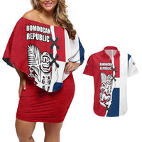 Dominican Republic Flag Half Zip Design Couples Matching Off Shoulder Short Dress and Hawaiian Shirt with Coat of Arms and Taino Symbol - Wonder Print Shop