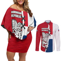 Dominican Republic Flag Half Zip Design Couples Matching Off Shoulder Short Dress and Long Sleeve Button Shirt with Coat of Arms and Taino Symbol - Wonder Print Shop