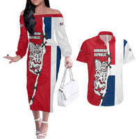 Dominican Republic Flag Half Zip Design Couples Matching Off The Shoulder Long Sleeve Dress and Hawaiian Shirt with Coat of Arms and Taino Symbol - Wonder Print Shop