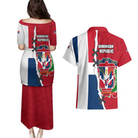 Dominican Republic Flag Half Zip Design Couples Matching Puletasi and Hawaiian Shirt with Coat of Arms and Taino Symbol - Wonder Print Shop