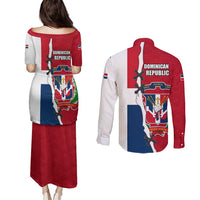 Dominican Republic Flag Half Zip Design Couples Matching Puletasi and Long Sleeve Button Shirt with Coat of Arms and Taino Symbol - Wonder Print Shop