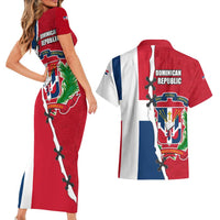 Dominican Republic Flag Half Zip Design Couples Matching Short Sleeve Bodycon Dress and Hawaiian Shirt with Coat of Arms and Taino Symbol - Wonder Print Shop