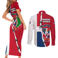Dominican Republic Flag Half Zip Design Couples Matching Short Sleeve Bodycon Dress and Long Sleeve Button Shirt with Coat of Arms and Taino Symbol - Wonder Print Shop