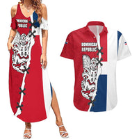 Dominican Republic Flag Half Zip Design Couples Matching Summer Maxi Dress and Hawaiian Shirt with Coat of Arms and Taino Symbol - Wonder Print Shop