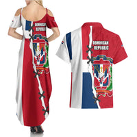 Dominican Republic Flag Half Zip Design Couples Matching Summer Maxi Dress and Hawaiian Shirt with Coat of Arms and Taino Symbol - Wonder Print Shop