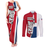 Dominican Republic Flag Half Zip Design Couples Matching Tank Maxi Dress and Long Sleeve Button Shirt with Coat of Arms and Taino Symbol - Wonder Print Shop