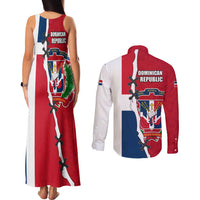 Dominican Republic Flag Half Zip Design Couples Matching Tank Maxi Dress and Long Sleeve Button Shirt with Coat of Arms and Taino Symbol - Wonder Print Shop