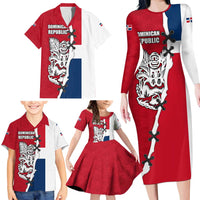 Dominican Republic Flag Half Zip Design Family Matching Long Sleeve Bodycon Dress and Hawaiian Shirt with Coat of Arms and Taino Symbol - Wonder Print Shop