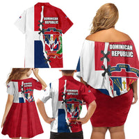 Dominican Republic Flag Half Zip Design Family Matching Off Shoulder Short Dress and Hawaiian Shirt with Coat of Arms and Taino Symbol - Wonder Print Shop