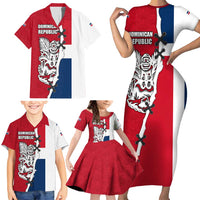Dominican Republic Flag Half Zip Design Family Matching Short Sleeve Bodycon Dress and Hawaiian Shirt with Coat of Arms and Taino Symbol - Wonder Print Shop