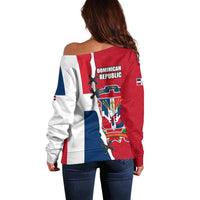 Dominican Republic Flag Half Zip Design Off Shoulder Sweater with Coat of Arms and Taino Symbol - Wonder Print Shop