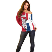 Dominican Republic Flag Half Zip Design Off Shoulder Sweater with Coat of Arms and Taino Symbol - Wonder Print Shop