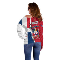 Dominican Republic Flag Half Zip Design Off Shoulder Sweater with Coat of Arms and Taino Symbol - Wonder Print Shop