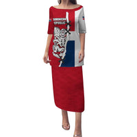 Dominican Republic Flag Half Zip Design Puletasi with Coat of Arms and Taino Symbol - Wonder Print Shop