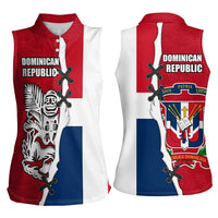 Dominican Republic Flag Half Zip Design Women Sleeveless Polo Shirt with Coat of Arms and Taino Symbol - Wonder Print Shop