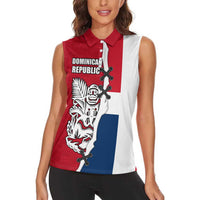 Dominican Republic Flag Half Zip Design Women Sleeveless Polo Shirt with Coat of Arms and Taino Symbol - Wonder Print Shop