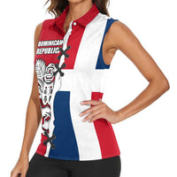 Dominican Republic Flag Half Zip Design Women Sleeveless Polo Shirt with Coat of Arms and Taino Symbol - Wonder Print Shop