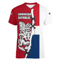 Dominican Republic Flag Half Zip Design Women V-Neck T-Shirt with Coat of Arms and Taino Symbol - Wonder Print Shop