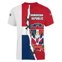 Dominican Republic Flag Half Zip Design Women V-Neck T-Shirt with Coat of Arms and Taino Symbol - Wonder Print Shop