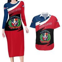 Dominican Republic Flag Couples Matching Long Sleeve Bodycon Dress and Hawaiian Shirt with Map National Coat of Arms Island Silhouette - Wonder Print Shop