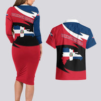 Dominican Republic Flag Couples Matching Long Sleeve Bodycon Dress and Hawaiian Shirt with Map National Coat of Arms Island Silhouette - Wonder Print Shop