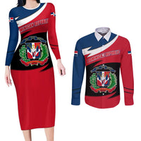 Dominican Republic Flag Couples Matching Long Sleeve Bodycon Dress and Long Sleeve Button Shirt with Map National Coat of Arms Island Silhouette - Wonder Print Shop
