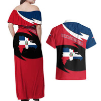 Dominican Republic Flag Couples Matching Off Shoulder Maxi Dress and Hawaiian Shirt with Map National Coat of Arms Island Silhouette - Wonder Print Shop