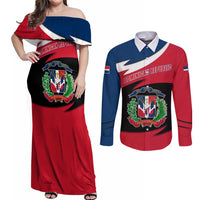 Dominican Republic Flag Couples Matching Off Shoulder Maxi Dress and Long Sleeve Button Shirt with Map National Coat of Arms Island Silhouette - Wonder Print Shop