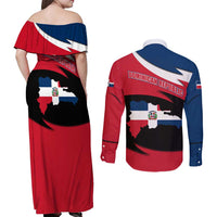 Dominican Republic Flag Couples Matching Off Shoulder Maxi Dress and Long Sleeve Button Shirt with Map National Coat of Arms Island Silhouette - Wonder Print Shop