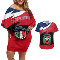 Dominican Republic Flag Couples Matching Off Shoulder Short Dress and Hawaiian Shirt with Map National Coat of Arms Island Silhouette - Wonder Print Shop