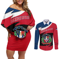 Dominican Republic Flag Couples Matching Off Shoulder Short Dress and Long Sleeve Button Shirt with Map National Coat of Arms Island Silhouette - Wonder Print Shop