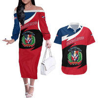 Dominican Republic Flag Couples Matching Off The Shoulder Long Sleeve Dress and Hawaiian Shirt with Map National Coat of Arms Island Silhouette - Wonder Print Shop