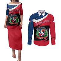 Dominican Republic Flag Couples Matching Puletasi and Long Sleeve Button Shirt with Map National Coat of Arms Island Silhouette - Wonder Print Shop