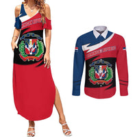Dominican Republic Flag Couples Matching Summer Maxi Dress and Long Sleeve Button Shirt with Map National Coat of Arms Island Silhouette - Wonder Print Shop