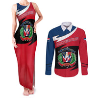 Dominican Republic Flag Couples Matching Tank Maxi Dress and Long Sleeve Button Shirt with Map National Coat of Arms Island Silhouette - Wonder Print Shop