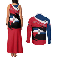 Dominican Republic Flag Couples Matching Tank Maxi Dress and Long Sleeve Button Shirt with Map National Coat of Arms Island Silhouette - Wonder Print Shop