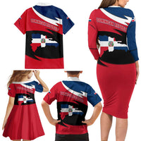 Dominican Republic Flag Family Matching Long Sleeve Bodycon Dress and Hawaiian Shirt with Map National Coat of Arms Island Silhouette - Wonder Print Shop