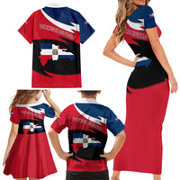 Dominican Republic Flag Family Matching Short Sleeve Bodycon Dress and Hawaiian Shirt with Map National Coat of Arms Island Silhouette - Wonder Print Shop
