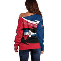Dominican Republic Flag Off Shoulder Sweater with Map National Coat of Arms Island Silhouette - Wonder Print Shop