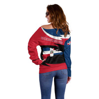 Dominican Republic Flag Off Shoulder Sweater with Map National Coat of Arms Island Silhouette - Wonder Print Shop