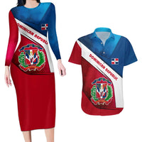 Dominican Republic Flag Couples Matching Long Sleeve Bodycon Dress and Hawaiian Shirt with Map National Coat of Arms Island Silhouette - Wonder Print Shop