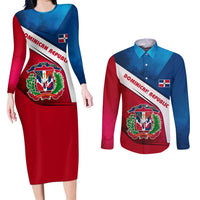 Dominican Republic Flag Couples Matching Long Sleeve Bodycon Dress and Long Sleeve Button Shirt with Map National Coat of Arms Island Silhouette - Wonder Print Shop