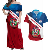 Dominican Republic Flag Couples Matching Off Shoulder Maxi Dress and Hawaiian Shirt with Map National Coat of Arms Island Silhouette - Wonder Print Shop