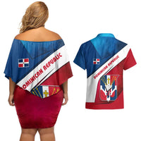 Dominican Republic Flag Couples Matching Off Shoulder Short Dress and Hawaiian Shirt with Map National Coat of Arms Island Silhouette - Wonder Print Shop