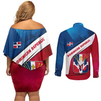 Dominican Republic Flag Couples Matching Off Shoulder Short Dress and Long Sleeve Button Shirt with Map National Coat of Arms Island Silhouette - Wonder Print Shop