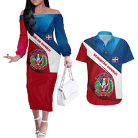 Dominican Republic Flag Couples Matching Off The Shoulder Long Sleeve Dress and Hawaiian Shirt with Map National Coat of Arms Island Silhouette - Wonder Print Shop