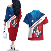 Dominican Republic Flag Couples Matching Off The Shoulder Long Sleeve Dress and Hawaiian Shirt with Map National Coat of Arms Island Silhouette - Wonder Print Shop